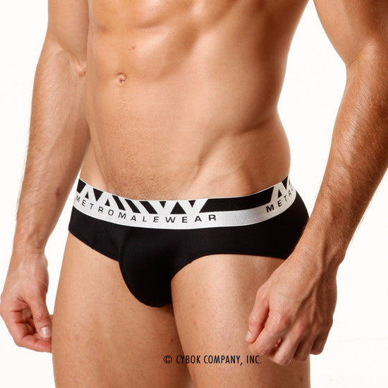 Black microfiber hip briefs with white metromalewear waistband and triangular patterns in metroMalewear Microfiber Hip Brief Black 5003-20