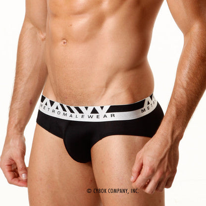 Black microfiber hip briefs with white metromalewear waistband and triangular patterns in metroMalewear Microfiber Hip Brief Black 5003-20