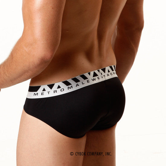 Black microfiber men’s briefs with white waistband featuring metromale logo and geometric triangle patterns
