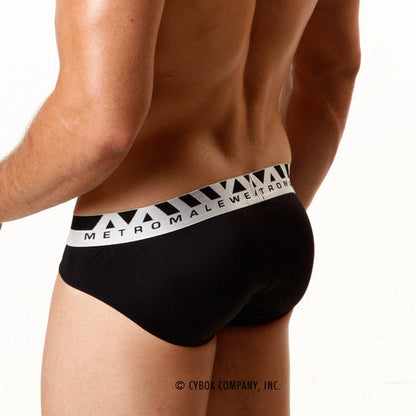 Black microfiber men’s briefs with white waistband featuring metromale logo and geometric triangle patterns