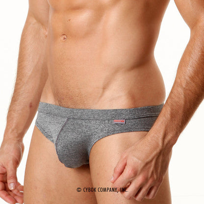Gray heathered briefs with a subtle red and white logo on the waistband from metromalewear modern brief charcoal 4003-11