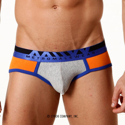 Gray and orange athletic briefs with blue trim featuring a bold metromalewear logo on the waistband for active wear
