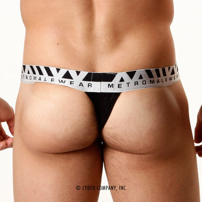 Black pima cotton hip thong with white elastic metromalewear logo waistband and black triangular patterns