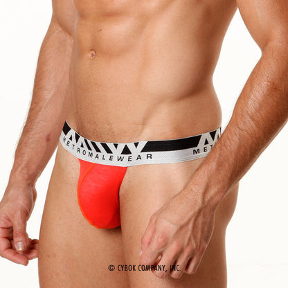Bright red form-fitting pima cotton athletic briefs with black and white metromalewear waistband hip thong style