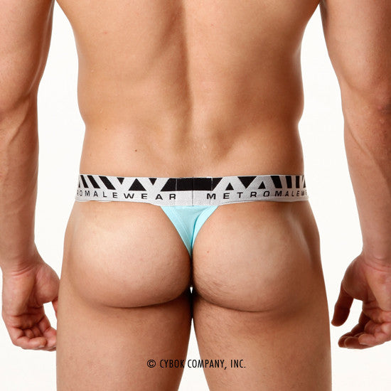 Light blue pima cotton hip thong with black and white patterned waistband featuring metromalewear brand name