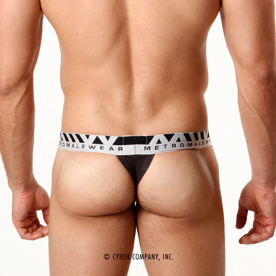 Black pima cotton hip thong with white metromalewear logo waistband and geometric patterns charcoal color