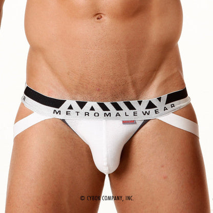White metromalewear pima cotton briefs with black and white geometric patterned waistband front view