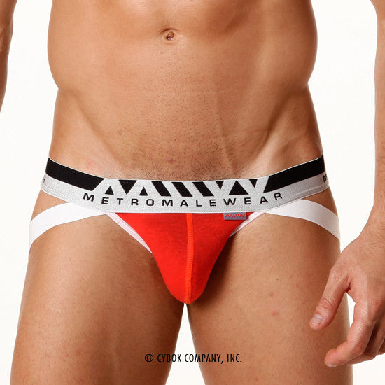 Vibrant red pima cotton briefs with bold black and white striped metromalewear waistband metro male wear 3001-24