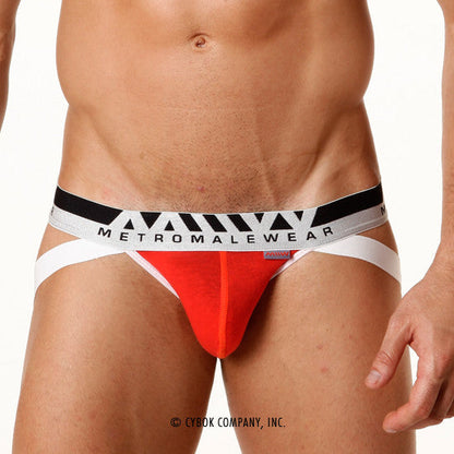 Vibrant red pima cotton briefs with bold black and white striped metromalewear waistband metro male wear 3001-24