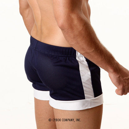 Navy blue mesh soccer swim shorts with white side stripe and hem trim by MetroMaleWear model 4704-28