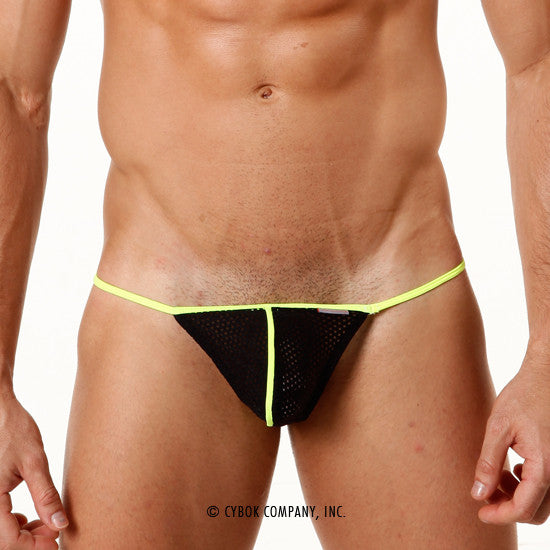 MetroMaleWear sheer fun string lime black mesh thong with neon yellow trim showing front side details