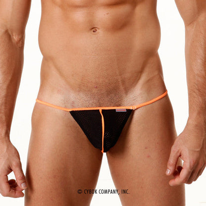 MetroMaleWear sheer fun string thong in black mesh with bright orange trim and a small brand tag visible