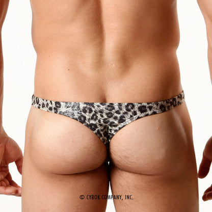 Black and white leopard-print thong made of stretchy fabric from MetroMaleWear metallic leopard silver collection