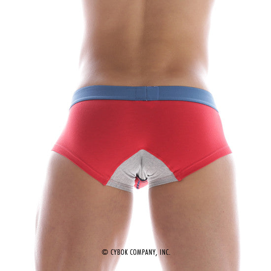 Back view of metrimalewear micro mini boxer red 7013-12 red briefs with blue waistband and white triangular design