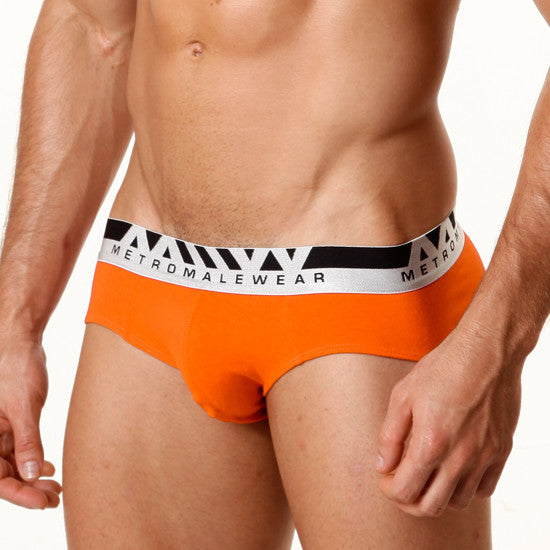 Bright orange metro malewear asian briefs with white and black elastic waistband featuring the brand logo