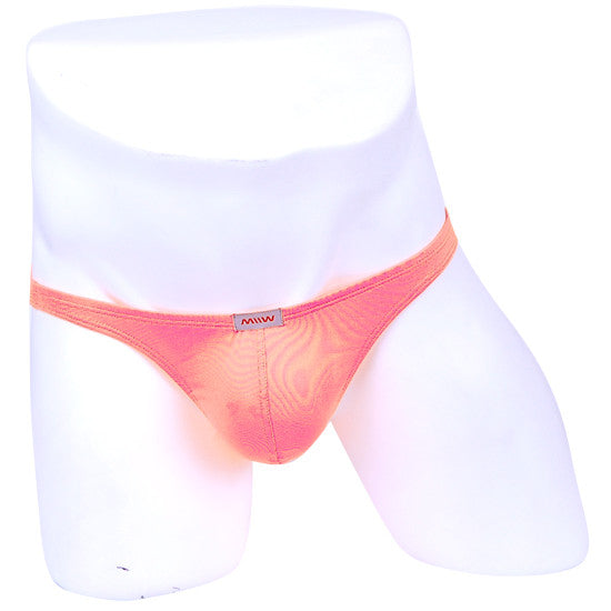 A vibrant coral-colored sheer mesh brief with gradient effect and brand tag from MetroMaleWear hot orange bikini thong collection