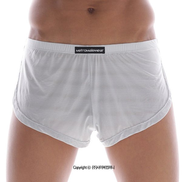 White striped men’s lounge split boxer briefs in sheer grey with black metromalewear label on waistband
