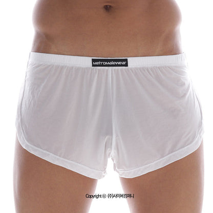 White sheer men’s briefs with a black waistband and metromalewear label metro male wear lounge split boxer white 2008-00