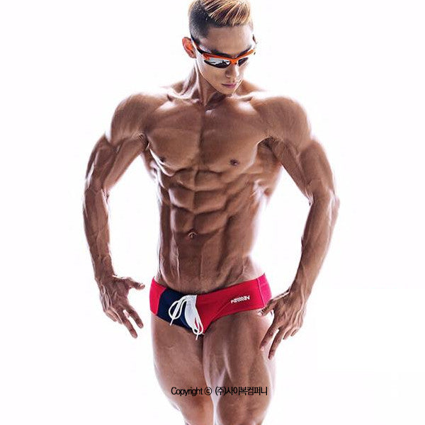 MetroMaleWear lowrise swim brief in red navy blue and white with a drawstring waistband for comfortable fit