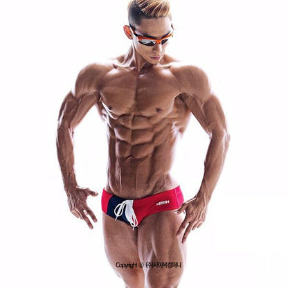 MetroMaleWear lowrise swim brief in red navy blue and white with a drawstring waistband for comfortable fit