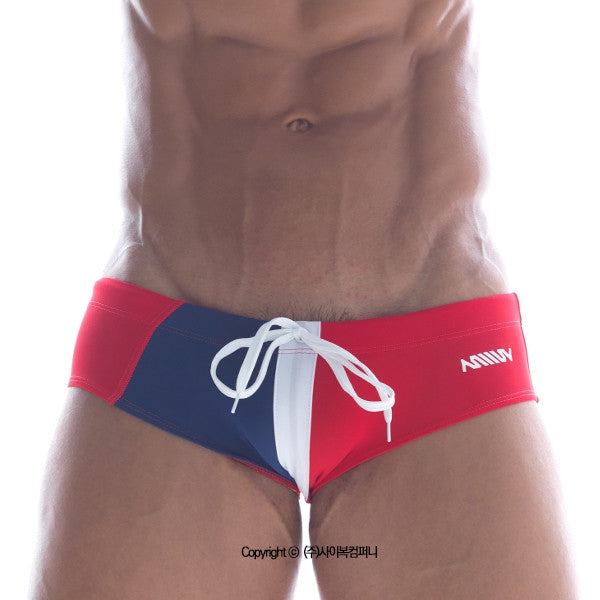 Red blue and white striped lowrise swim brief with white drawstring and anony branding for metro male wear