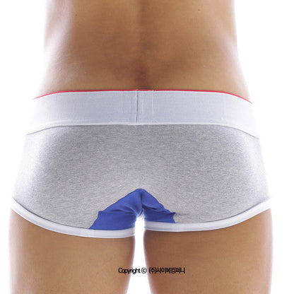 Back view of MetroMaleWear 69ers boxer grey heathered briefs with white elastic waistband red trim and blue triangular design