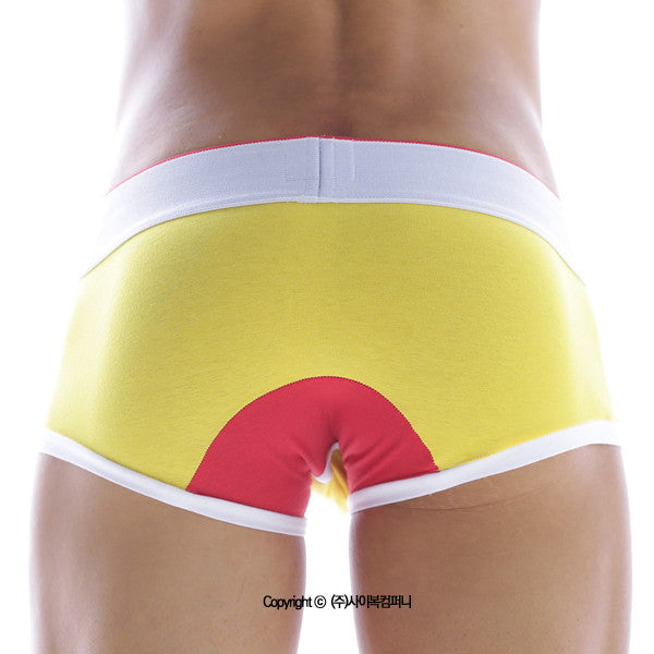 Back of metromalewear 69ers boxer yellow briefs with bold red semi circular design and white trim