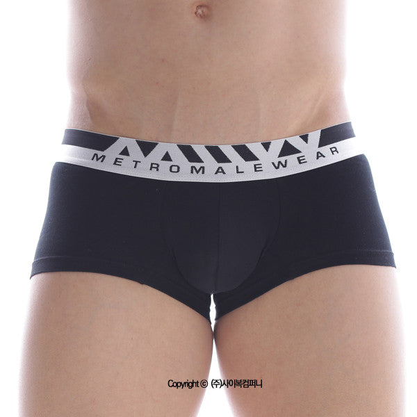 Black mens cotton briefs with white metromalewear logo waistband and geometric triangle patterns 7 inch boxer