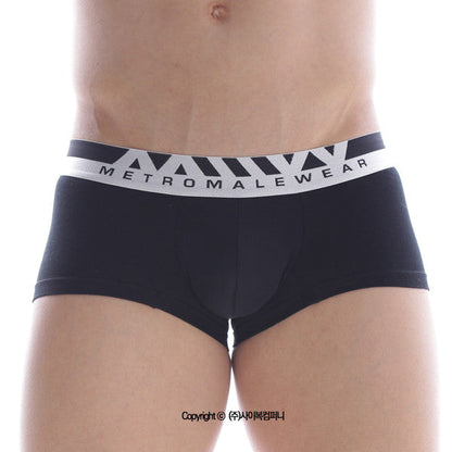 Black mens cotton briefs with white metromalewear logo waistband and geometric triangle patterns 7 inch boxer