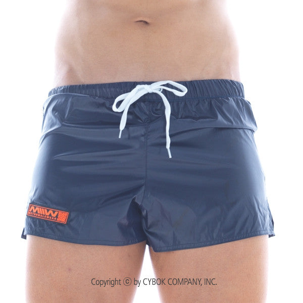 Navy blue MetroMaleWear Iron Sports Short swim trunks with white drawstring and orange logo patch for active wear
