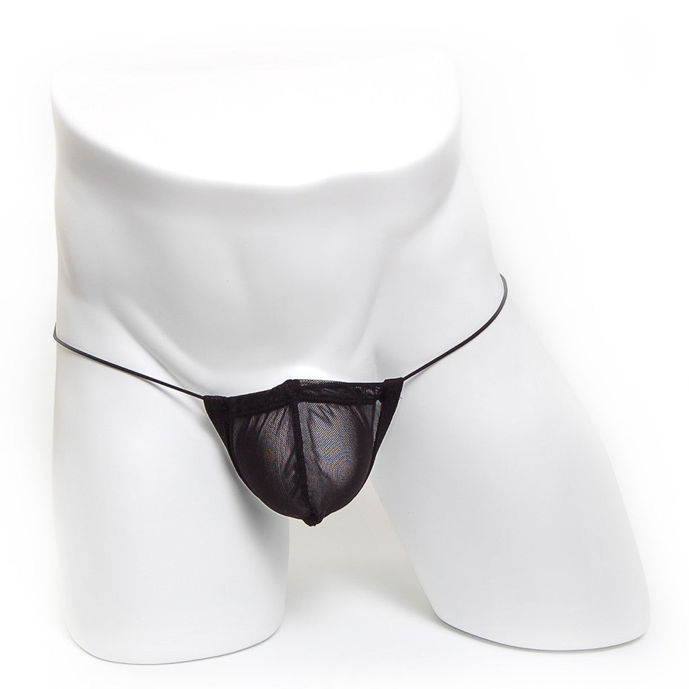 Black mesh thong with thin elastic straps made of microfiber from metromalewear model 2015-46
