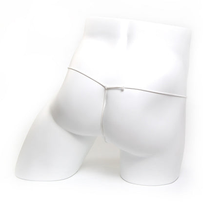 Silver metal chain belt worn around the waist of a white mannequin from MetroMaleWear Microfiber G Skin 2015-05 collection