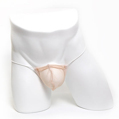 Beige microfiber mesh thong with thin white elastic straps from MetroMaleWear microfiber G Nude 2015-01 collection