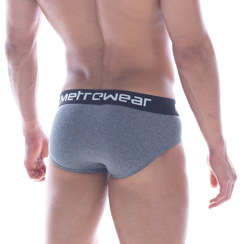MetroMaleWear stitch hip brief grey with black waistband featuring metrwear logo in white lettering gray heathered fabric
