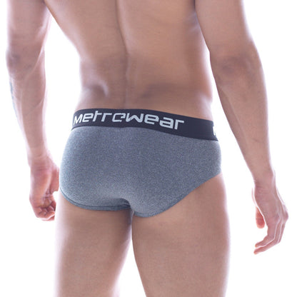 MetroMaleWear stitch hip brief grey with black waistband featuring metrwear logo in white lettering gray heathered fabric