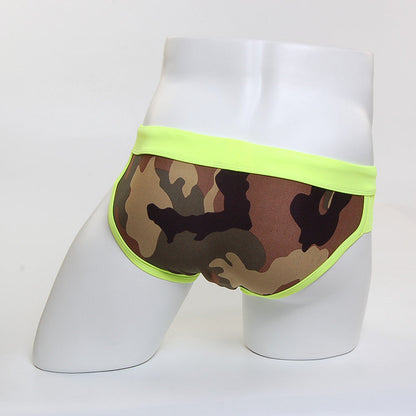 MetroMaleWear green camo split swim brief 4923-82 with neon green trim on camouflage men’s swim briefs