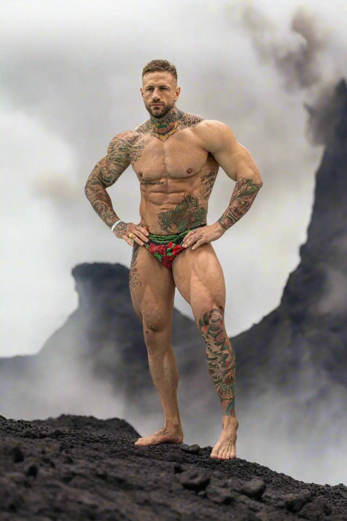 Men's swim briefs in red with rose print featuring a snug fit shown by a model against a volcanic backdrop by Maris Equi