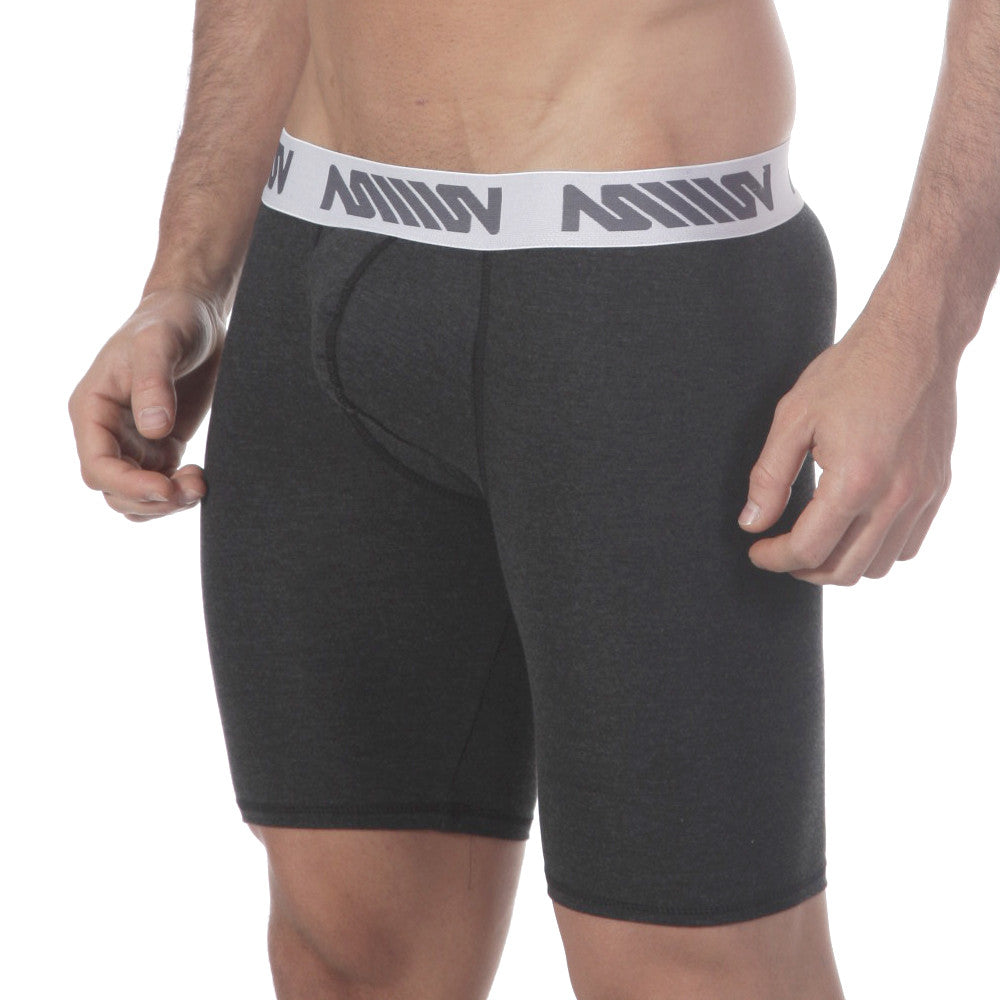 Black mens boxer briefs with white elastic waistband and gray million branding from metromalewear uphole long boxer heather