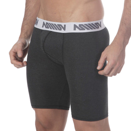 Black mens boxer briefs with white elastic waistband and gray million branding from metromalewear uphole long boxer heather