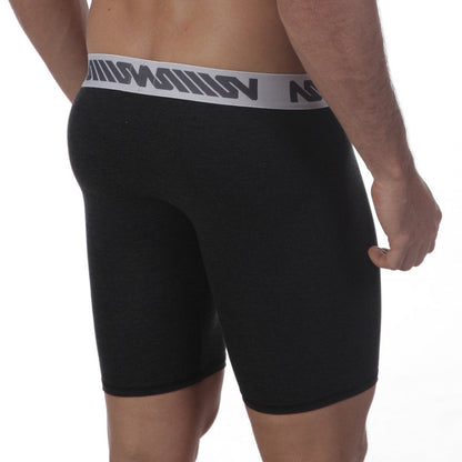 Black men’s boxer briefs with gray elastic waistband featuring bold repeating logo pattern metroMalewear uphole long boxer