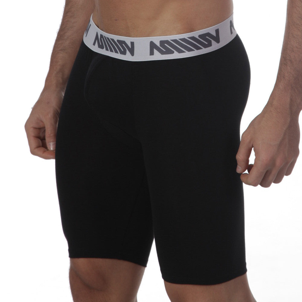 Black athletic shorts with gray mimov logo waistband metro malewear uphole long boxer black 3031-20