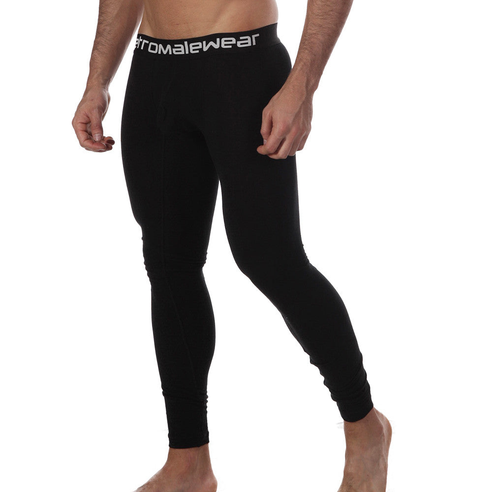 Black romalewear cotton leggings with snug fit and white waistband branding from MetroMaleWear Perfect Scene