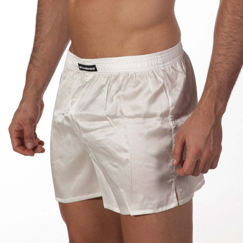 MetroMaleWear silk satin white boxer shorts with black brand label on waistband for comfortable men’s underwear