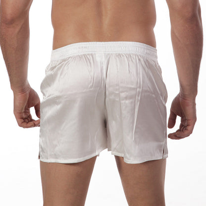 White satin shorts with a smooth shiny finish and elastic waistband metro male wear silk satin boxer white s33-00