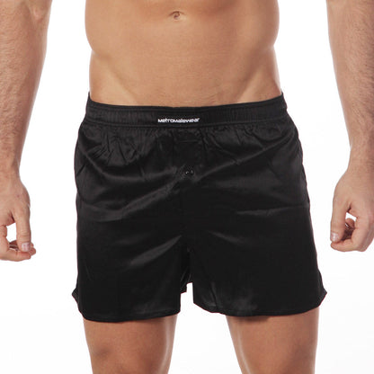 Black satin silk boxer shorts with subtle sheen and metromalewear embroidered waistband in black s33-20 design