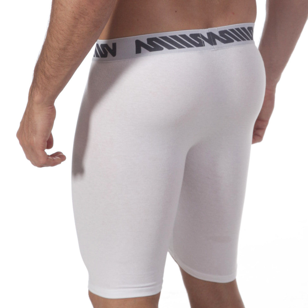 White mens athletic briefs with gray elastic waistband and black lettering from metromalewear uphole long boxer 3031-00