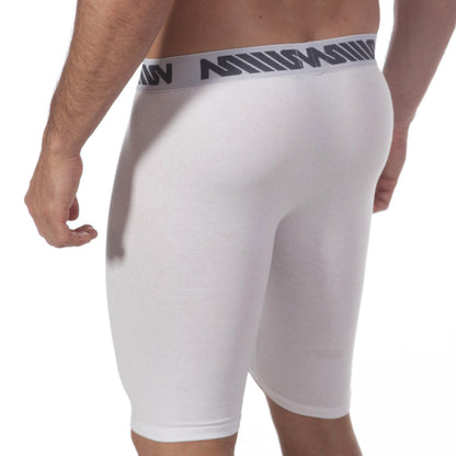 White mens athletic briefs with gray elastic waistband and black lettering from metromalewear uphole long boxer 3031-00