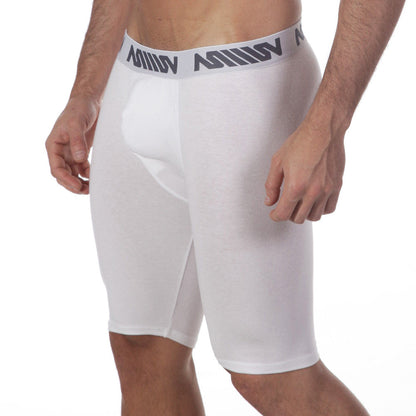 White athletic boxer shorts with gray waistband and black million logo from metro male wear uphole long boxer white 3031-00