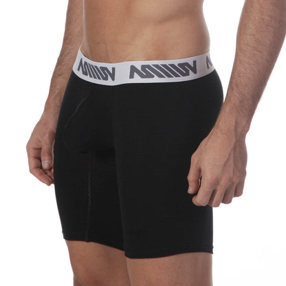 Metro male wear core midcut boxer black 8023-20 black boxer briefs with white elastic waistband and gray logo pattern