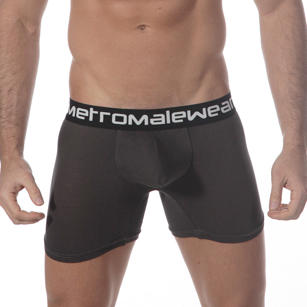 MetroMaleWear pima cotton boxer briefs in charcoal with a white waistband featuring the metromale wear logo